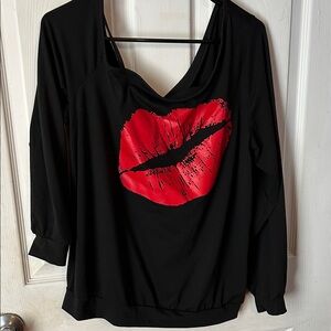SHEIN Black Off the Shoulder Blouse with Red Lips Graphic